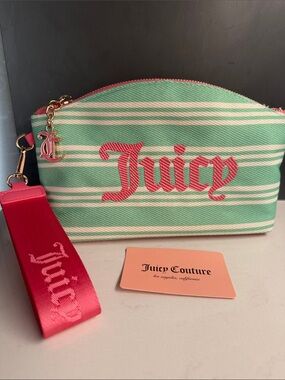 Juicy Couture Mint & Hot Pink Striped Wristlet Pouch